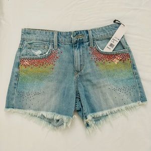Joe’s Jeans x Stephanie Gottlieb, Halsey Rainbow Rhinestone Shorts, Size 25 NWT